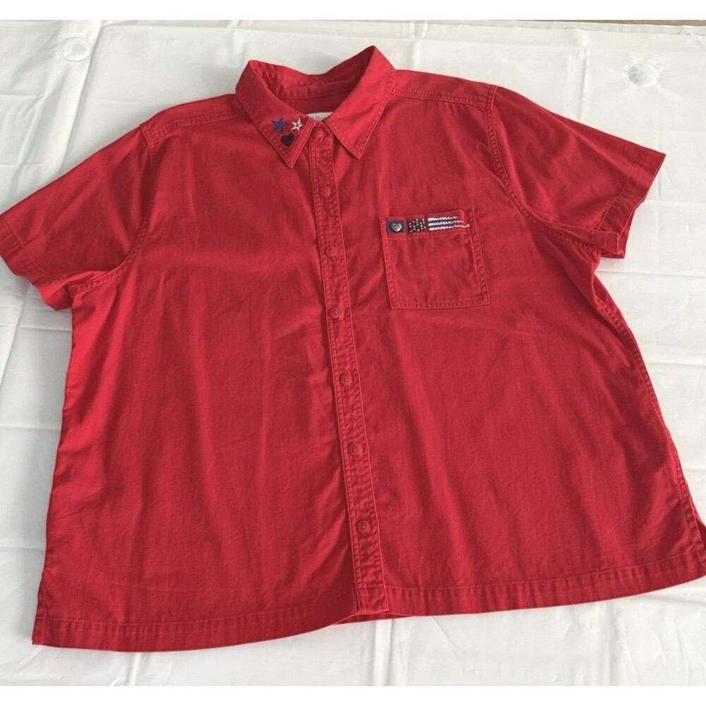 Y2K CJ Banks Womens 1X Flag Shirt SS Button Down Patriotic Embroidery 100 Cotton